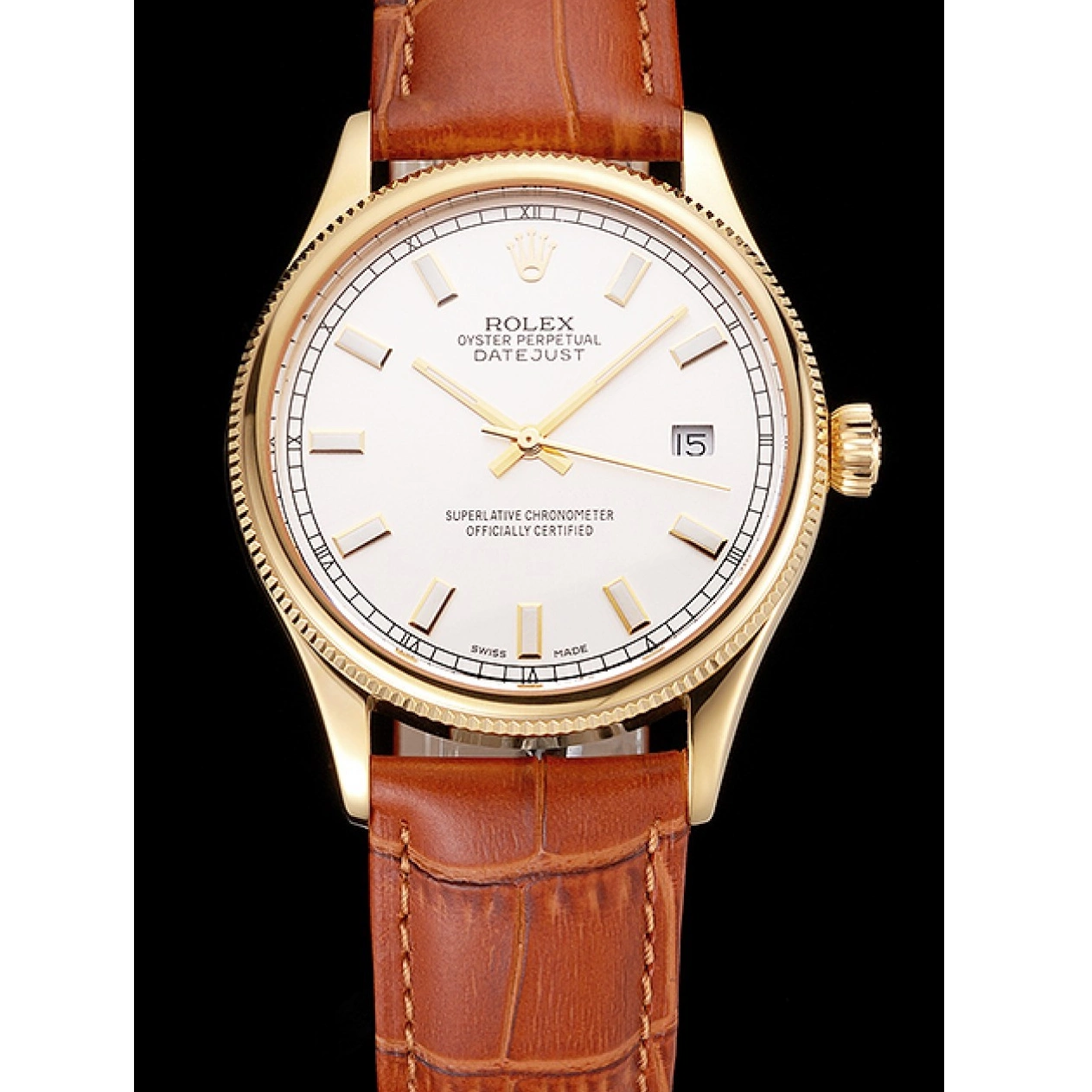 Aaa replica watch Brown Strap Rolex Leather Swiss Gold Datejust Dial Light White Case 0824
